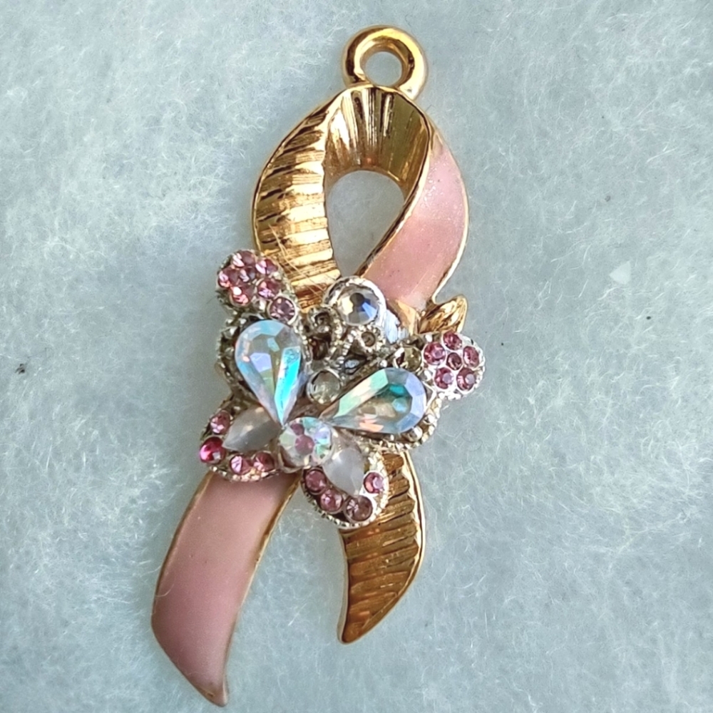 Pink Ribbon Breast Cancer Awareness w/Butterfly Upcycled Pendant